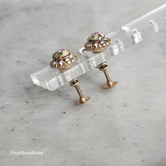 Vintage Floral Porcelain Screw Back Earrings | Rhinestone Gold Tone - Picture 3 of 13